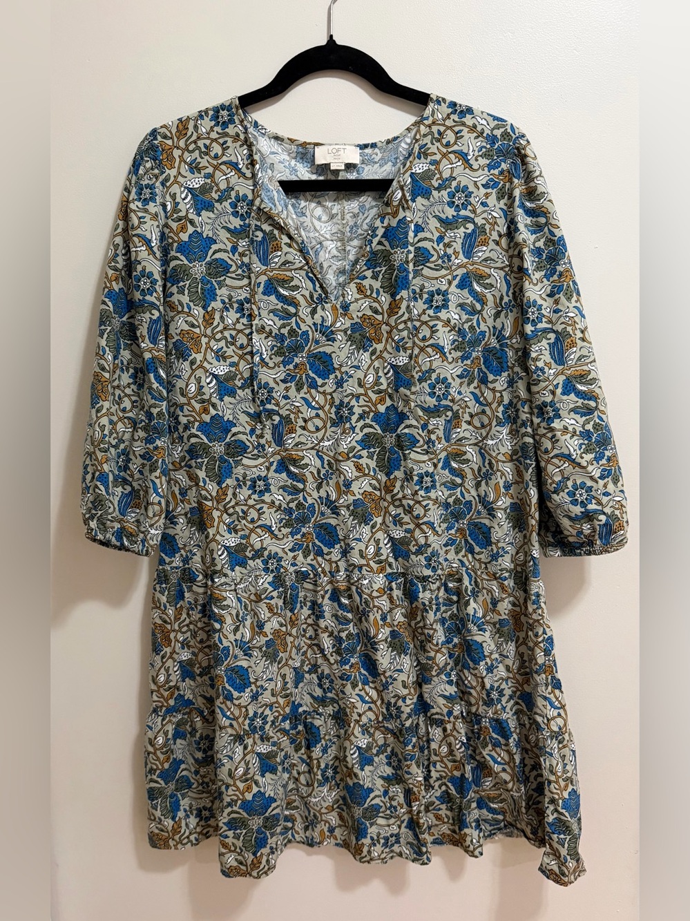 LOFT Floral Tiered Tunic Dress Large Petite Blue Green Boho Fall